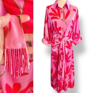 KARLIE Satin Palm Floral Pink Maxi Shirt Dress w Beaded Tassel Sash Belted Waist